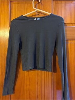 Divided Long-Sleeve Ribbed Crop Top in Slate